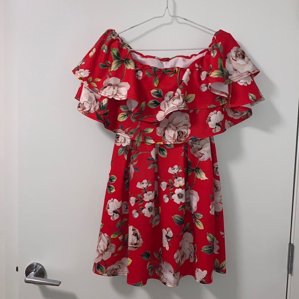 ASOS red floral ruffle off the shoulder dress